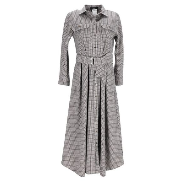 Max Mara Weekend Check Fischio Maxi Belted Dress in Grey Virgin Wool